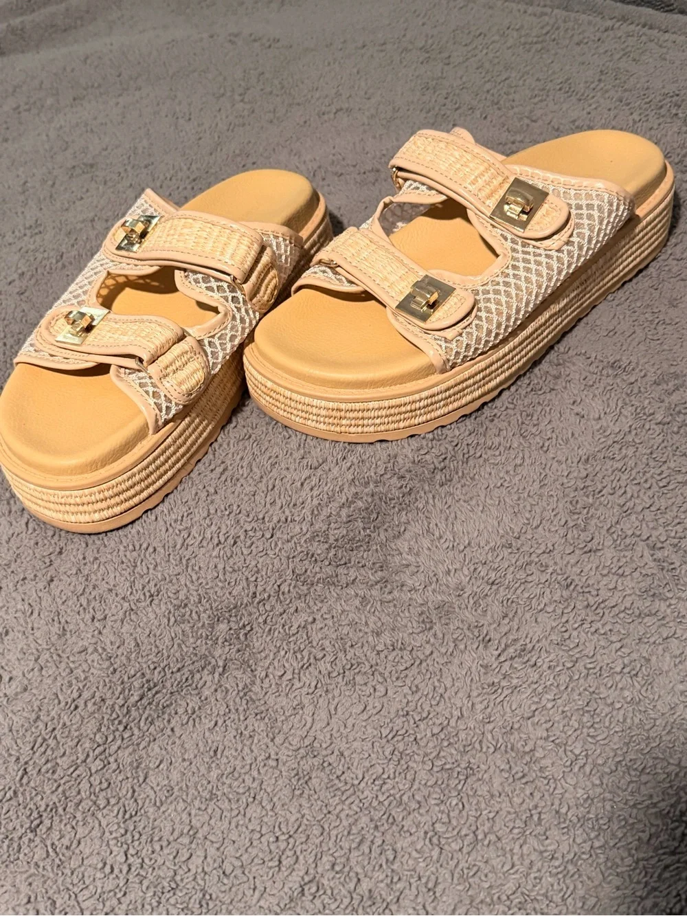 Woven Double-Strap Platform Slides in Neutral Beige